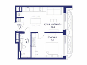 Планировка однокомнатной(квартира) площадью 38.82 квадратных метров в ЖК “ЖК Остров”