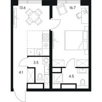 Планировка однокомнатной(квартира) площадью 42.4 квадратных метров в “ЖК NEXUS by Akvilon (Нексус от Аквилон)”