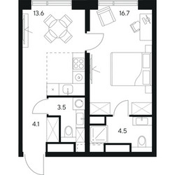 Планировка однокомнатной(квартира) площадью 42.4 квадратных метров в ЖК “ЖК NEXUS by Akvilon (Нексус от Аквилон)”