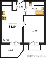 Планировка однокомнатной(квартира) площадью 34.54 квадратных метров в “ЖК ВОСТОК II”