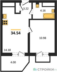 Планировка однокомнатной(квартира) площадью 34.54 квадратных метров в ЖК “ЖК ВОСТОК II”
