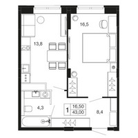 Планировка однокомнатной(квартира) площадью 43 квадратных метров в “ЖК Времена года”