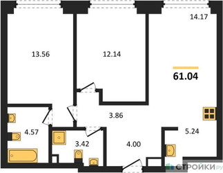 Планировка двухкомнатной(квартира) площадью 61.04 квадратных метров в ЖК “ЖК TATE (Тэйт)”