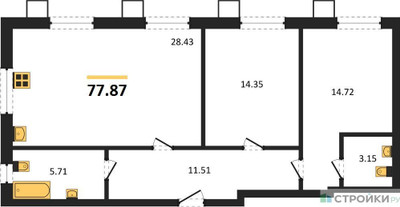 Планировка двухкомнатной(квартира) площадью 77.87 квадратных метров в ЖК “ЖК Бархат”