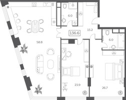 Планировка трехкомнатной(квартира) площадью 140.5 квадратных метров в “ЖК Sky House”