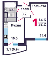 Планировка однокомнатной(квартира) площадью 32.2 квадратных метров в “ЖК Лобня Сити”