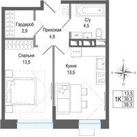 Планировка однокомнатной(квартира) площадью 39.3 квадратных метров в “ЖК КИНОКВАРТАЛ”