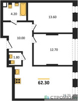 Планировка двухкомнатной(квартира) площадью 62.3 квадратных метров в “ЖК Переделкино Ближнее”