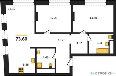 Планировка двухкомнатной(квартира) площадью 73.6 квадратных метров в ЖК “ЖК Клубный дом КОСМО 4/22”