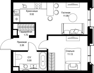 Планировка однокомнатной(квартира) площадью 38.73 квадратных метров в ЖК “Дом премиум-класса МИРА”