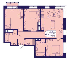 Планировка 4+ комнатной(квартира) площадью 67.6 квадратных метров в “ЖК Героев”