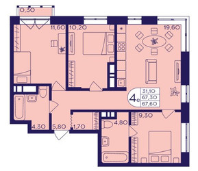 Планировка 4+ комнатной(квартира) площадью 67.6 квадратных метров в ЖК “ЖК Героев”