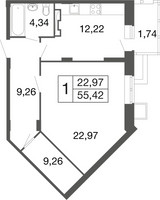 Планировка однокомнатной(квартира) площадью 55.4 квадратных метров в “ЖК Времена года”