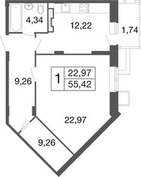 Планировка однокомнатной(квартира) площадью 55.4 квадратных метров в ЖК “ЖК Времена года”