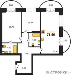 Планировка двухкомнатной(квартира) площадью 75.9 квадратных метров в ЖК “ЖК КОД Сокольники”