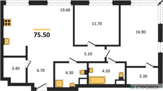 Планировка двухкомнатной(квартира) площадью 75.5 квадратных метров в “ЖК Voxhall (Воксхолл)”