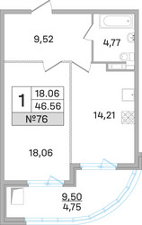 Планировка однокомнатной(квартира) площадью 47.3 квадратных метров в ЖК “ЖК Дом‐Мегалит в Королёве”