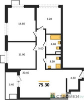 Планировка трехкомнатной(квартира) площадью 75.3 квадратных метров в “ЖК Деснаречье”