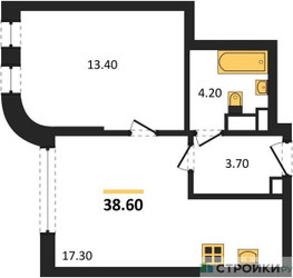 Планировка однокомнатной(квартира) площадью 38.6 квадратных метров в ЖК “ЖК МАРК”