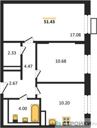 Планировка двухкомнатной(квартира) площадью 51.43 квадратных метров в ЖК “ЖК Пятницкие луга”