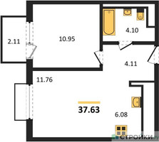 Планировка однокомнатной(квартира) площадью 37.63 квадратных метров в “ЖК Пригород Лесное”