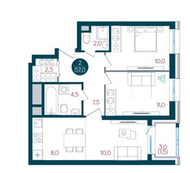 Планировка двухкомнатной(квартира) площадью 57 квадратных метров в ЖК “ЖК РУСИЧ-Кантемировский”