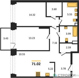 Планировка двухкомнатной(квартира) площадью 71.02 квадратных метров в ЖК “ЖК NOVA (Нова)”