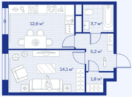 Планировка однокомнатной(квартира) площадью 37.4 квадратных метров в “ЖК Аристов берег”