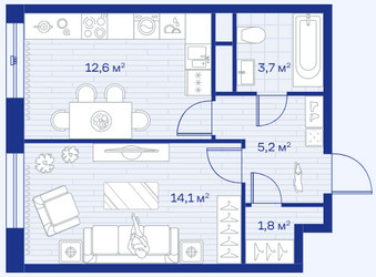 Планировка однокомнатной(квартира) площадью 37.4 квадратных метров в ЖК “ЖК Аристов берег”