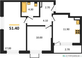 Планировка двухкомнатной(квартира) площадью 51.4 квадратных метров в “ЖК Прокшино”
