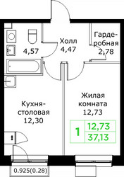Планировка однокомнатной(квартира) площадью 37.13 квадратных метров в ЖК “ЖК КИТ 2”