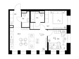 Планировка двухкомнатной(квартира) площадью 53.8 квадратных метров в “ЖК Строгино 360”