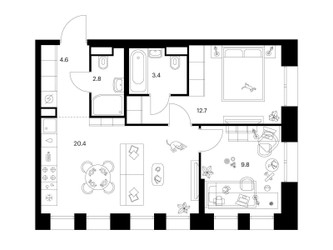Планировка двухкомнатной(квартира) площадью 53.8 квадратных метров в ЖК “ЖК Строгино 360”