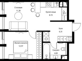 Планировка однокомнатной(квартира) площадью 42.97 квадратных метров в “ЖК Сити Бэй”