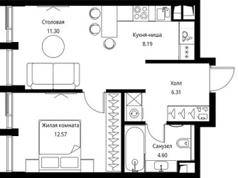 Планировка однокомнатной(квартира) площадью 42.97 квадратных метров в ЖК “ЖК Сити Бэй”