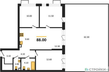 Планировка трехкомнатной(квартира) площадью 88 квадратных метров в ЖК “ЖК Скандинавия”