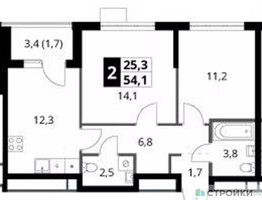 Планировка двухкомнатной(квартира) площадью 54.1 квадратных метров в “ЖК 1-й Ясеневский (Первый Ясеневский)”