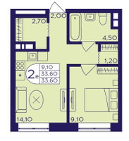 Планировка двухкомнатной(квартира) площадью 33.6 квадратных метров в “ЖК Героев”