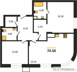 Планировка двухкомнатной(квартира) площадью 74.5 квадратных метров в ЖК “ЖК Резиденции Сколково”
