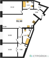 Планировка трехкомнатной(квартира) площадью 91.5 квадратных метров в “ЖК Родина Переделкино”