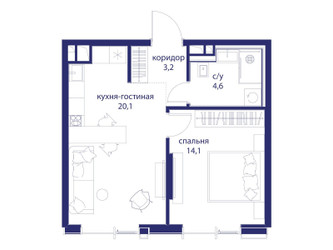 Планировка однокомнатной(квартира) площадью 42 квадратных метров в ЖК “ЖК Событие”