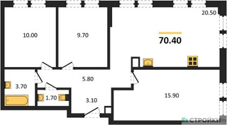 Планировка трехкомнатной(квартира) площадью 70.4 квадратных метров в “ЖК Sokolinn Park (Соколинн Парк)”