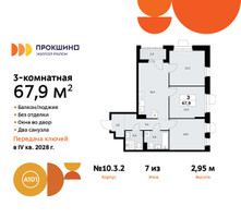 Планировка трехкомнатной(квартира) площадью 67.9 квадратных метров в “ЖК Прокшино”