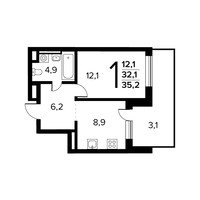 Планировка однокомнатной(квартира) площадью 35.2 квадратных метров в “Новые Ватутинки. Заречный”