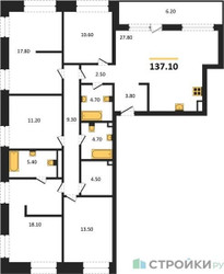 Планировка 4+ комнатной(квартира) площадью 137.1 квадратных метров в ЖК “ЖК СТОУН Райз”