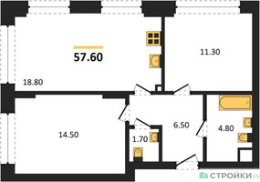 Планировка двухкомнатной(квартира) площадью 57.6 квадратных метров в “ЖК Wave (Вейв)”