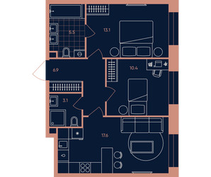 Планировка трехкомнатной(квартира) площадью 56.6 квадратных метров в ЖК “Квартал Эра”