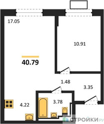 Планировка однокомнатной(квартира) площадью 40.79 квадратных метров в ЖК “ЖК Богдановский Лес”