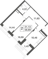 Планировка двухкомнатной(квартира) площадью 58.89 квадратных метров в “ЖК Времена года”