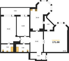 Планировка трехкомнатной(квартира) площадью 171 квадратных метров в ЖК “ЖК Вавилово”